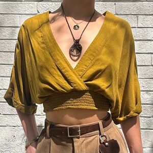 Urban Outfitters Linen Blend Olive Green Wrap Crop Top Smocked Waist S